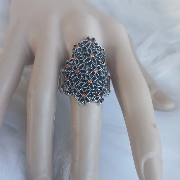 Paparazzi Silver and Orange Floral Ring Strech - Picture 11 of 11